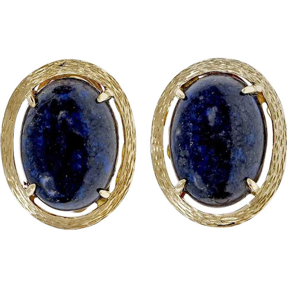 Oval Lapis Cabochon 14k Yellow Gold Textured Earr… - image 1