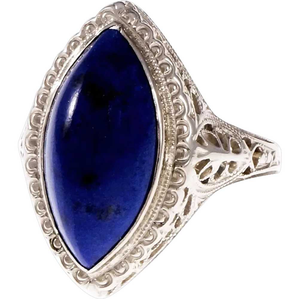 Marquise Lapis Filigree 14k White Gold Cocktail R… - image 1