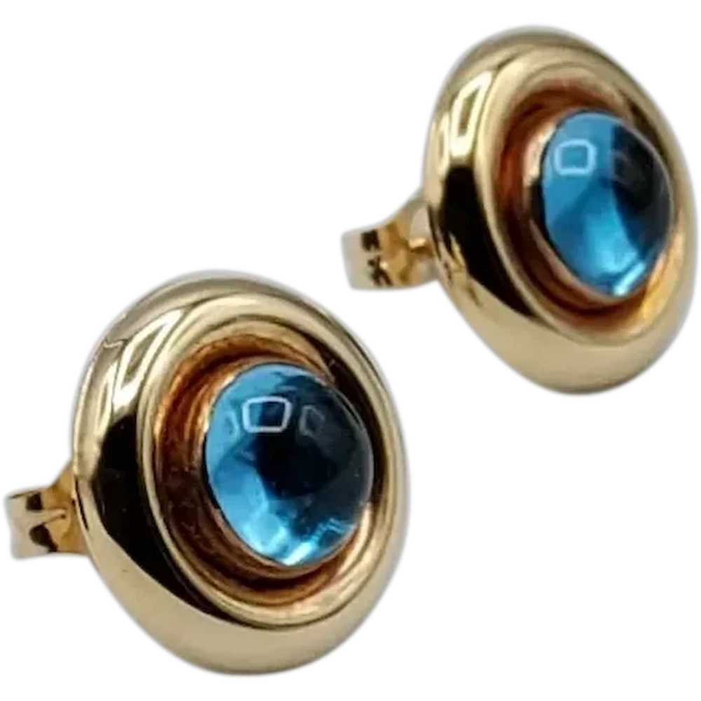 14K Gold Swiss Blue Topaz Cabochon Earrings - image 1