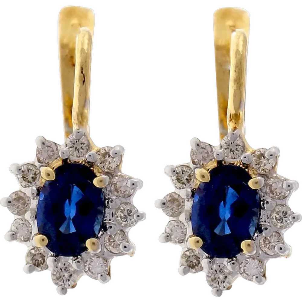 Sapphire Diamond Halo 14 Karat Yellow Gold Dangle… - image 1