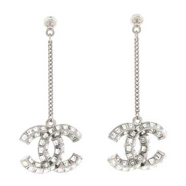 CHANEL Baguette Crystal CC Drop Earrings Silver