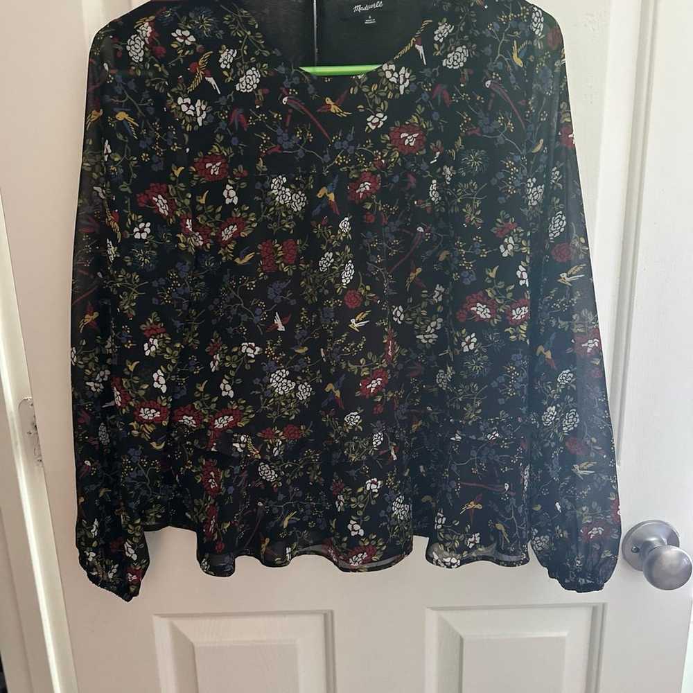 Madewell Finch Floral Ruffle Shirt Birds Black Ch… - image 2