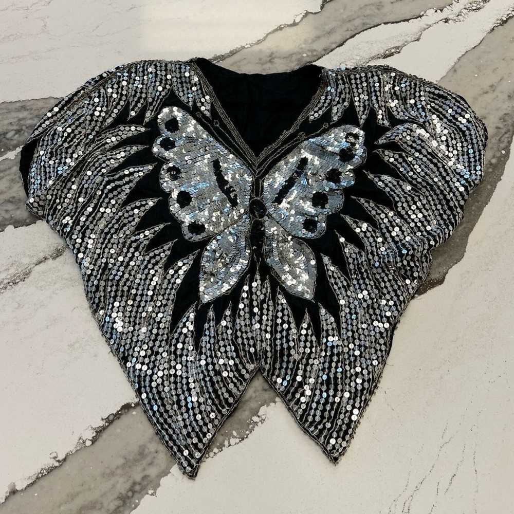 Vintage black and silver sequin silk butterfly top - image 1