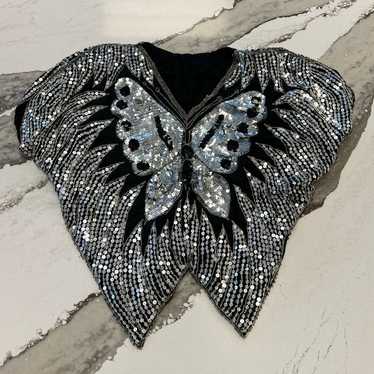 Vintage black and silver sequin silk butterfly top - image 1