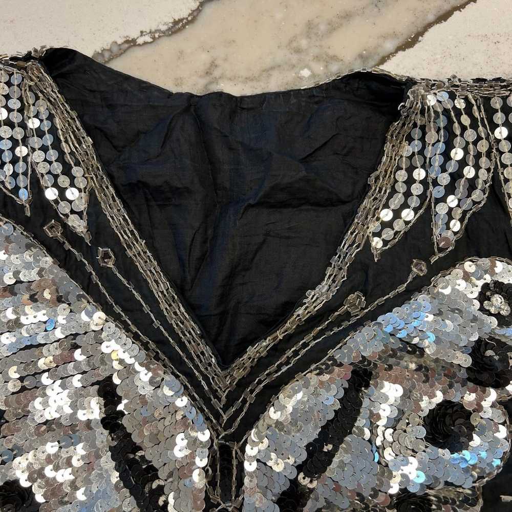 Vintage black and silver sequin silk butterfly top - image 4