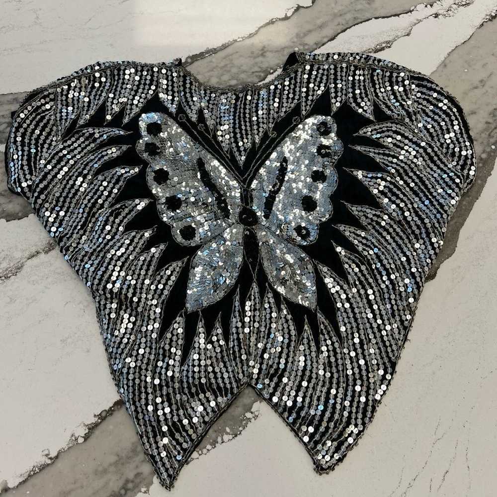 Vintage black and silver sequin silk butterfly top - image 6