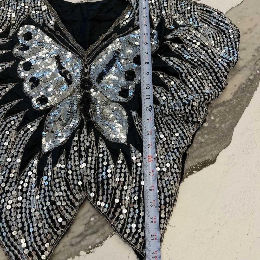 Vintage black and silver sequin silk butterfly top - image 7