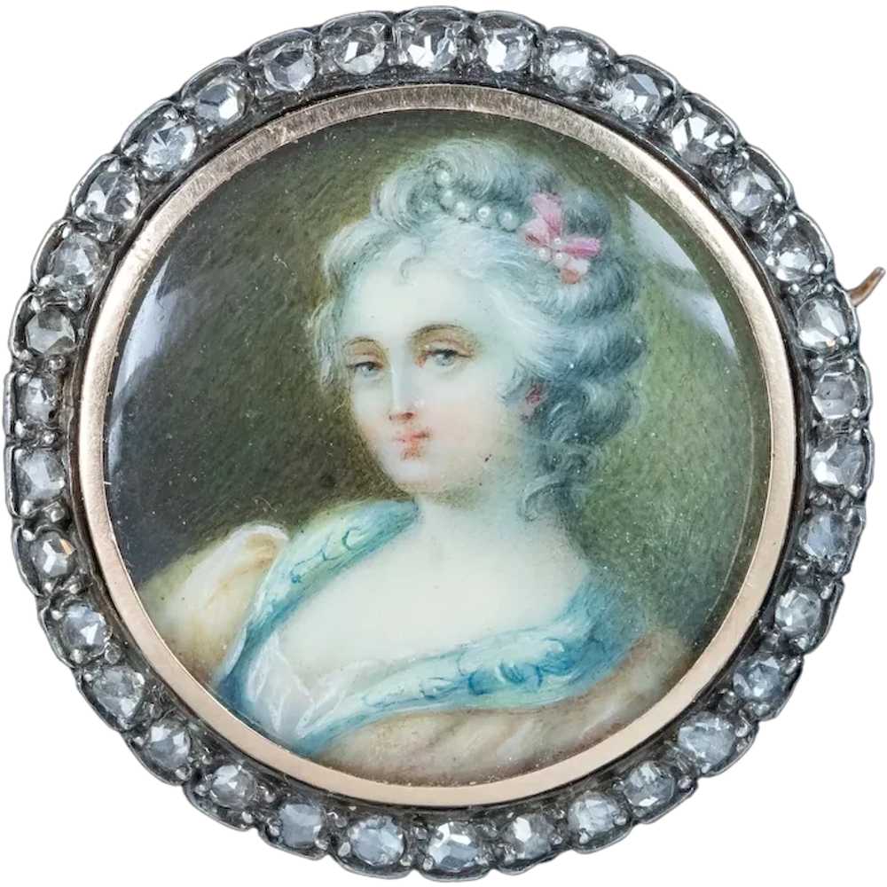 Antique Georgian Diamond Hand Painted Portrait Br… - image 1