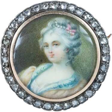 Antique Georgian Diamond Hand Painted Portrait Br… - image 1