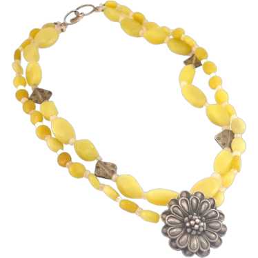 Serpentine Stone 2 Strand Necklace with Flower Blo