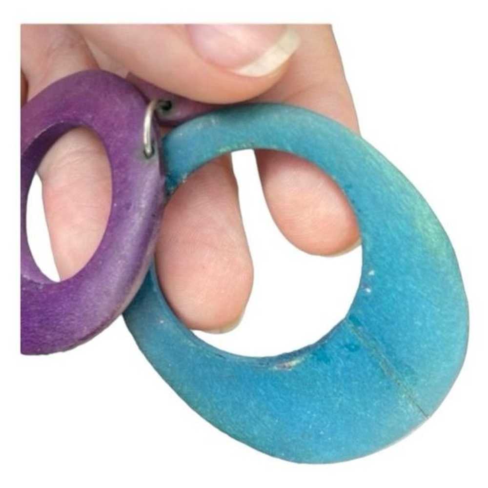 Vintage 80s Earrings Purple Teal Green Wood Doubl… - image 7