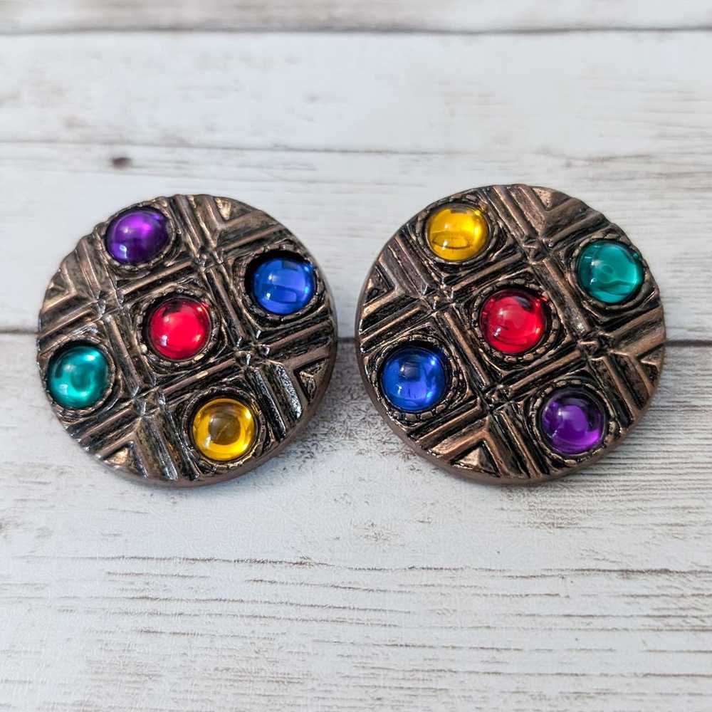 Vintage Clip On Earrings Large Bronze Tone with M… - image 3