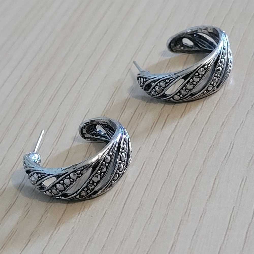 Silver Marcasite Open Hoop Earrings - image 4