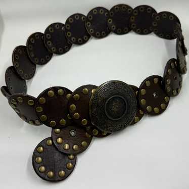 Vintage Boho Brown Leather Brass Studded Belt Size