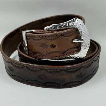 Vintage Brown Tooled Leather Western Belt With Si… - image 1