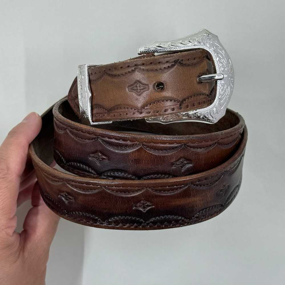 Vintage Brown Tooled Leather Western Belt With Si… - image 2