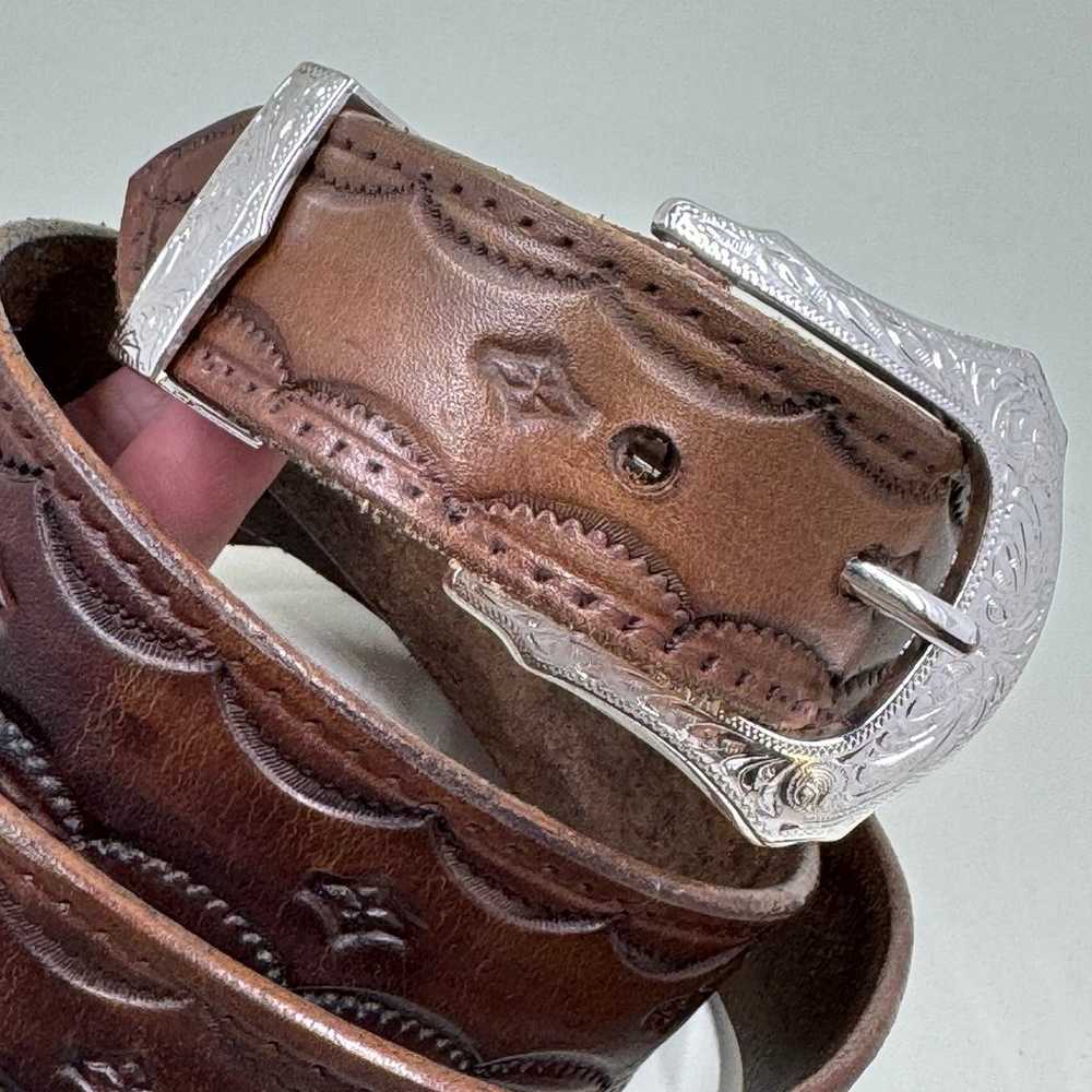 Vintage Brown Tooled Leather Western Belt With Si… - image 3