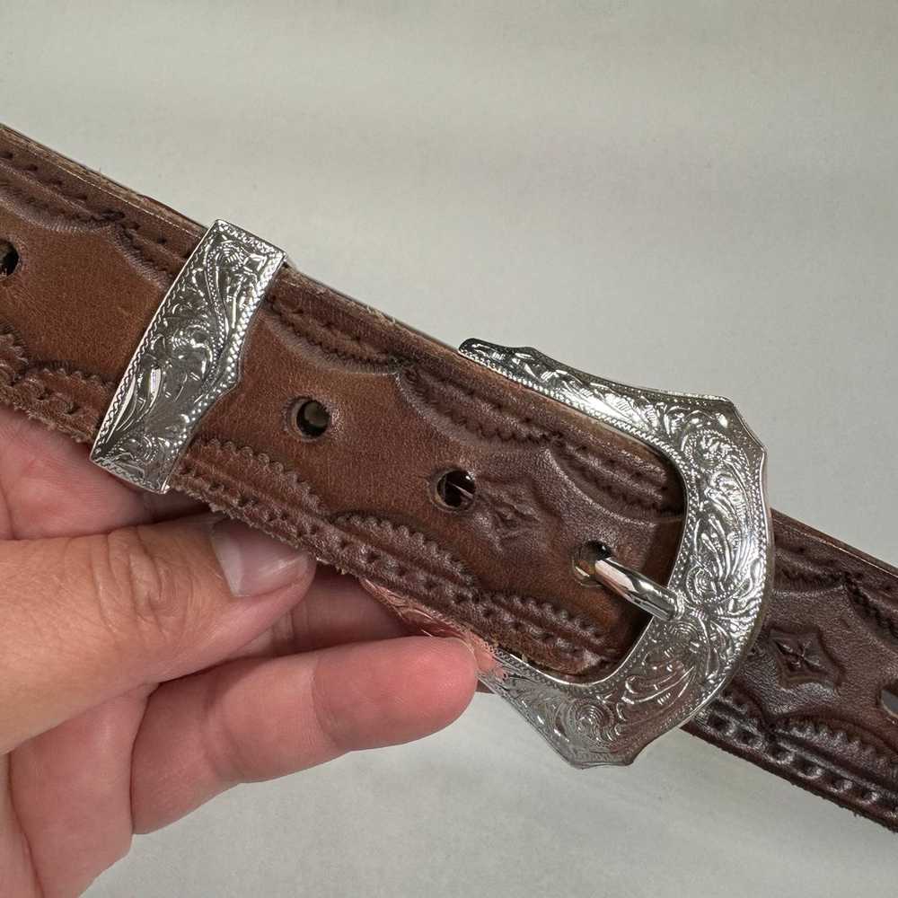 Vintage Brown Tooled Leather Western Belt With Si… - image 5