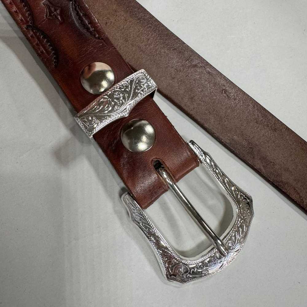 Vintage Brown Tooled Leather Western Belt With Si… - image 8