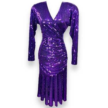 Vintage 70s 80s Disco Goldbergs Purple Sequin Lon… - image 1