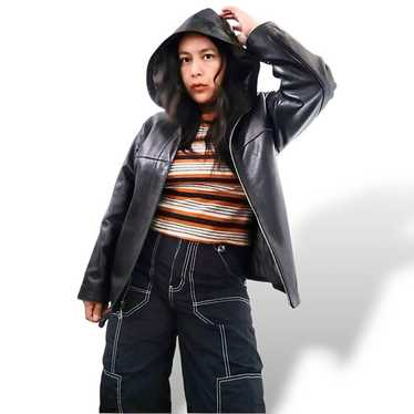 Gren Coast vintage 90s black hooded leather jacke… - image 1