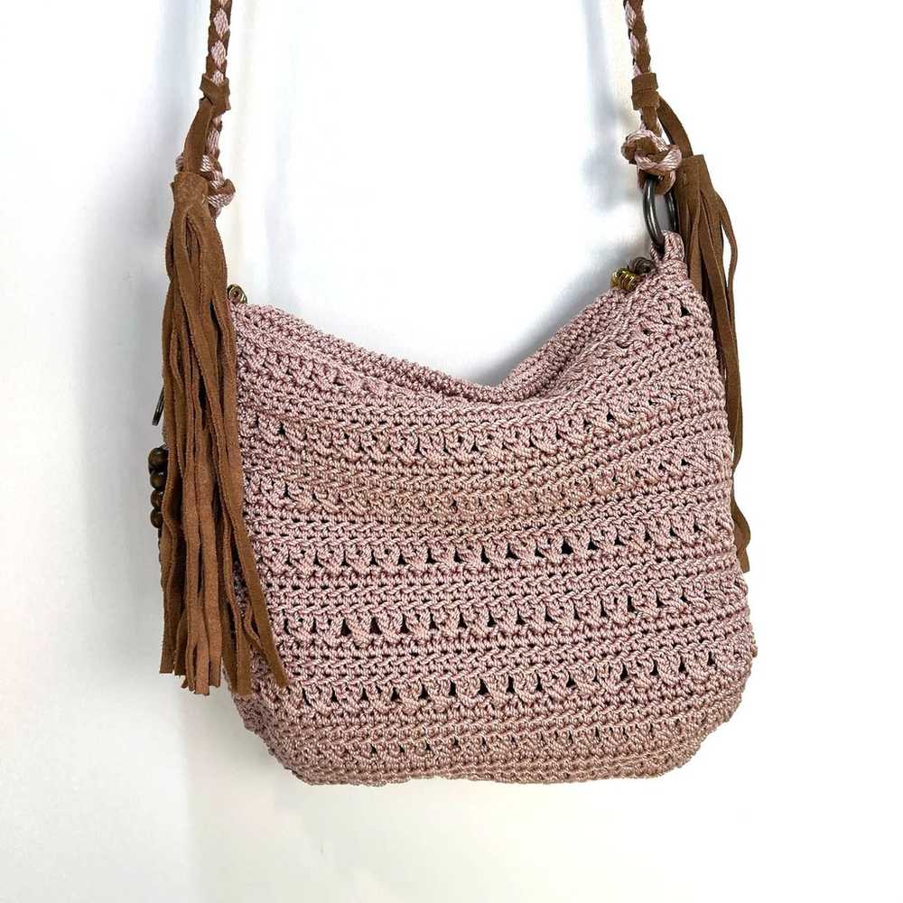 The Sak Pink Crochet Crossbody Bag Tassel Fringe - image 6