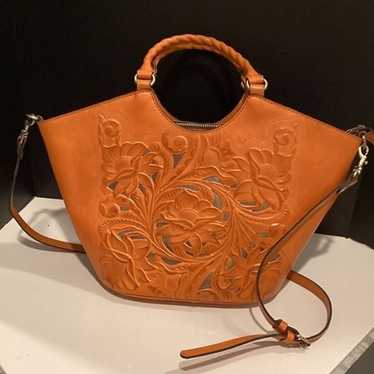 Patricia Nash Large Tooled Leather Orange Tote Sh… - image 1
