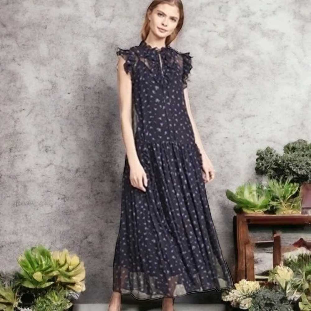 silk Navy Blue Scattered Rose Print Pleated Dress - image 1