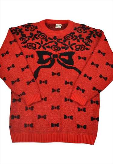 Vintage Knitted Jumper Retro Pattern Red/Black La… - image 1