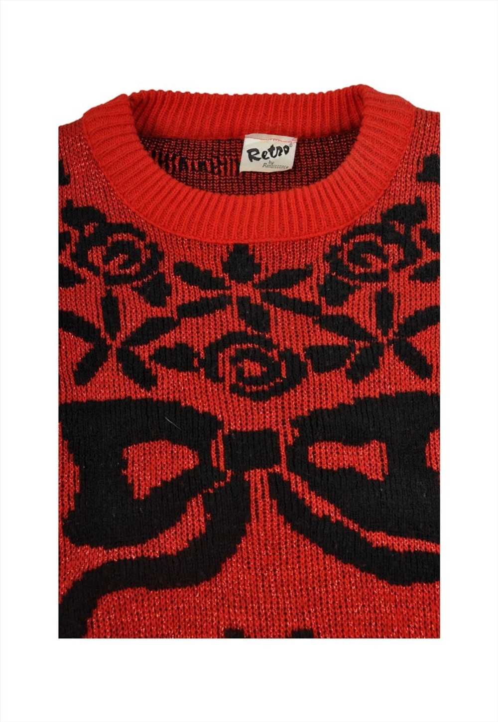 Vintage Knitted Jumper Retro Pattern Red/Black La… - image 4