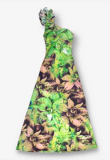 Y2K One Shoulder Patterned Maxi Dress Green Small… - image 1