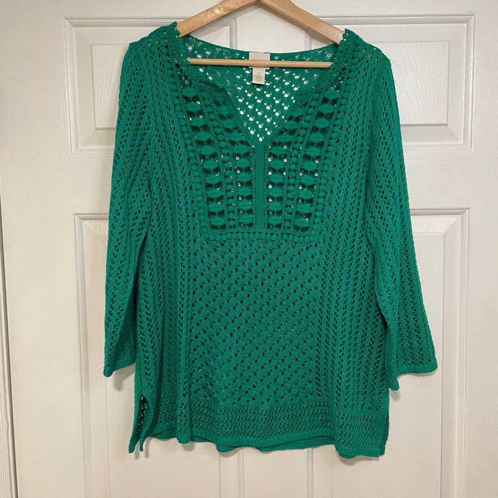 Chicos Chicos Emerald Green Open Knit Tunic Long … - image 2