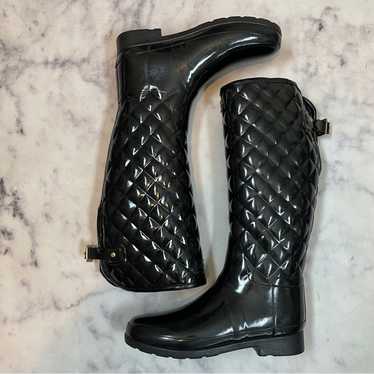 Hunter Refined Glossy Black Quilted Tall Rain Boot