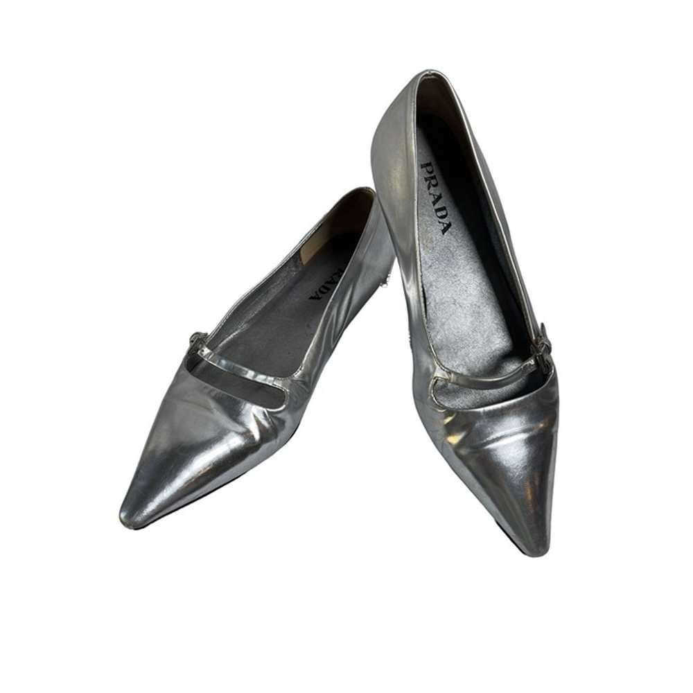 Prada Italy Pointy Mary Jane Silver Flats Leather… - image 1