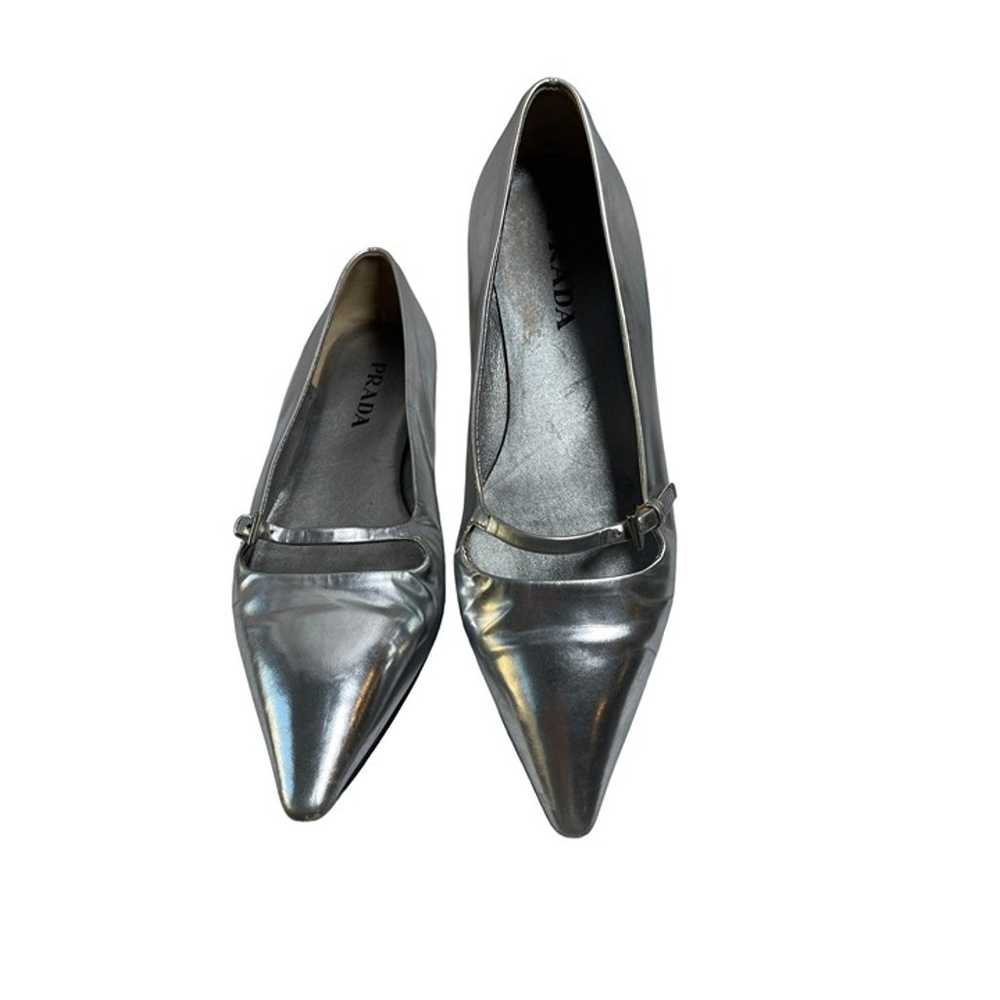 Prada Italy Pointy Mary Jane Silver Flats Leather… - image 2