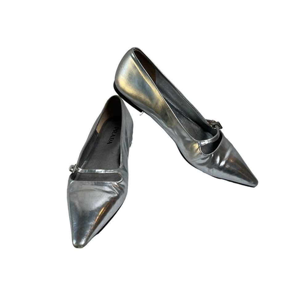 Prada Italy Pointy Mary Jane Silver Flats Leather… - image 3