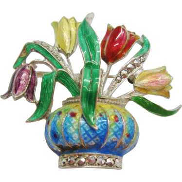 Vintage Enamel Tulip Flower Pot Brooch- Pin