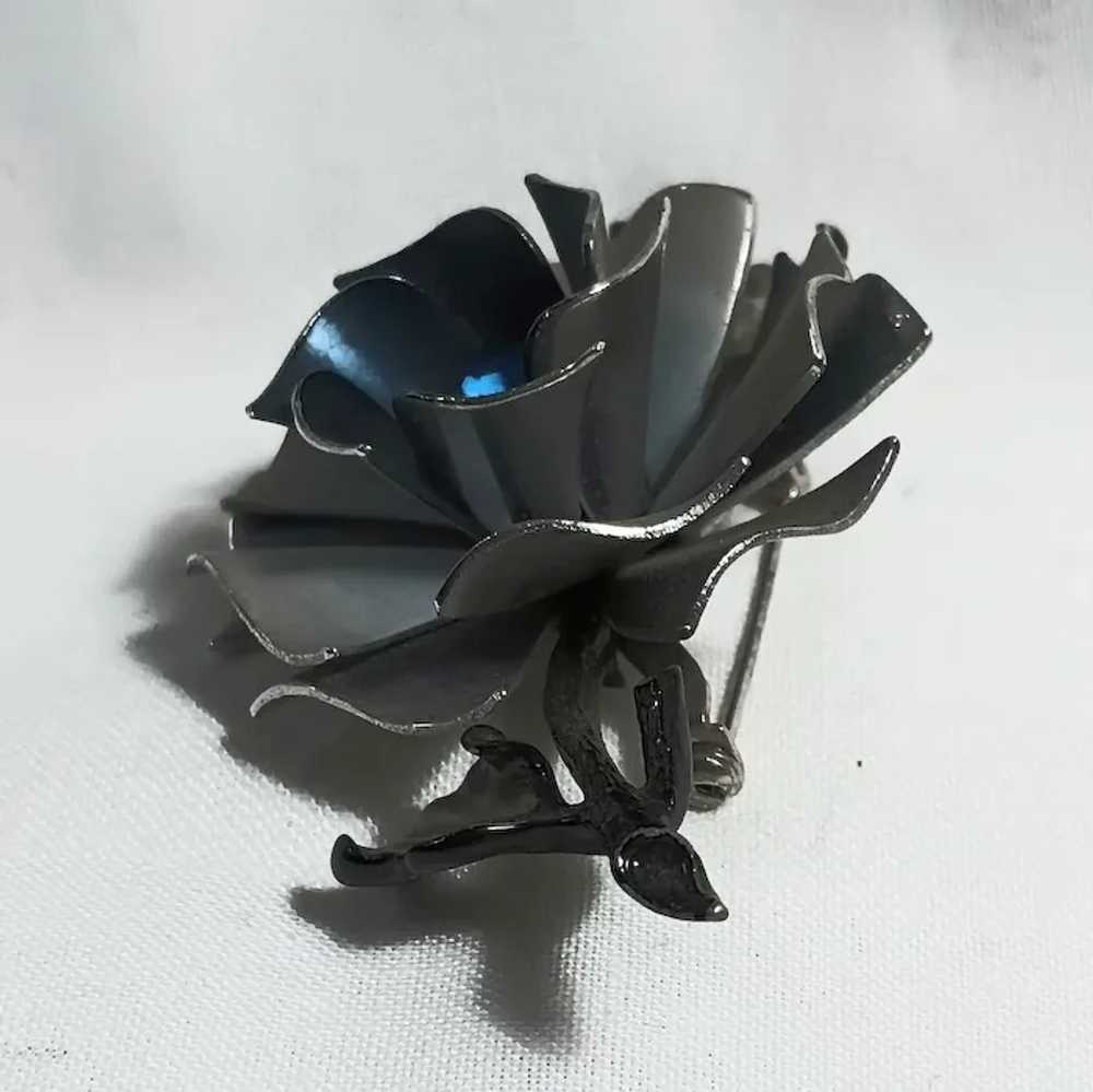 Coro enamel rhinestone flower brooch pin gray blue - image 3