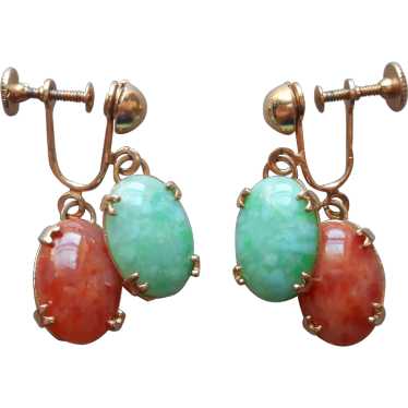 Faux Jade 2 Color Glass Dangle Vintage Earrings Sc