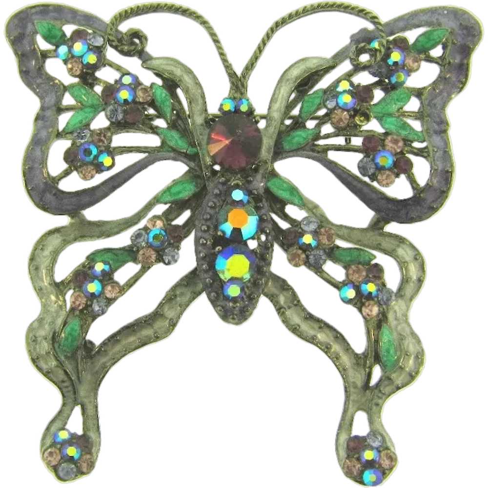 Vintage large rhinestone and enamel butterfly Bro… - image 1