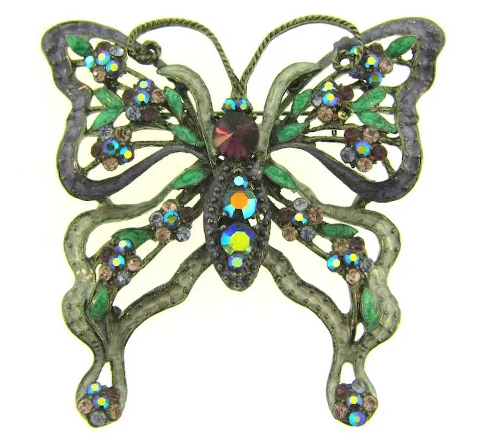 Vintage large rhinestone and enamel butterfly Bro… - image 4