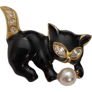 Black Enamel Cat Clear Rhinestone Faux Pearl Brooc