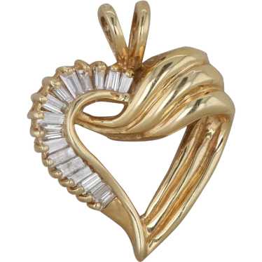14k Yellow Gold Diamond Baguette Heart Shaped Pend