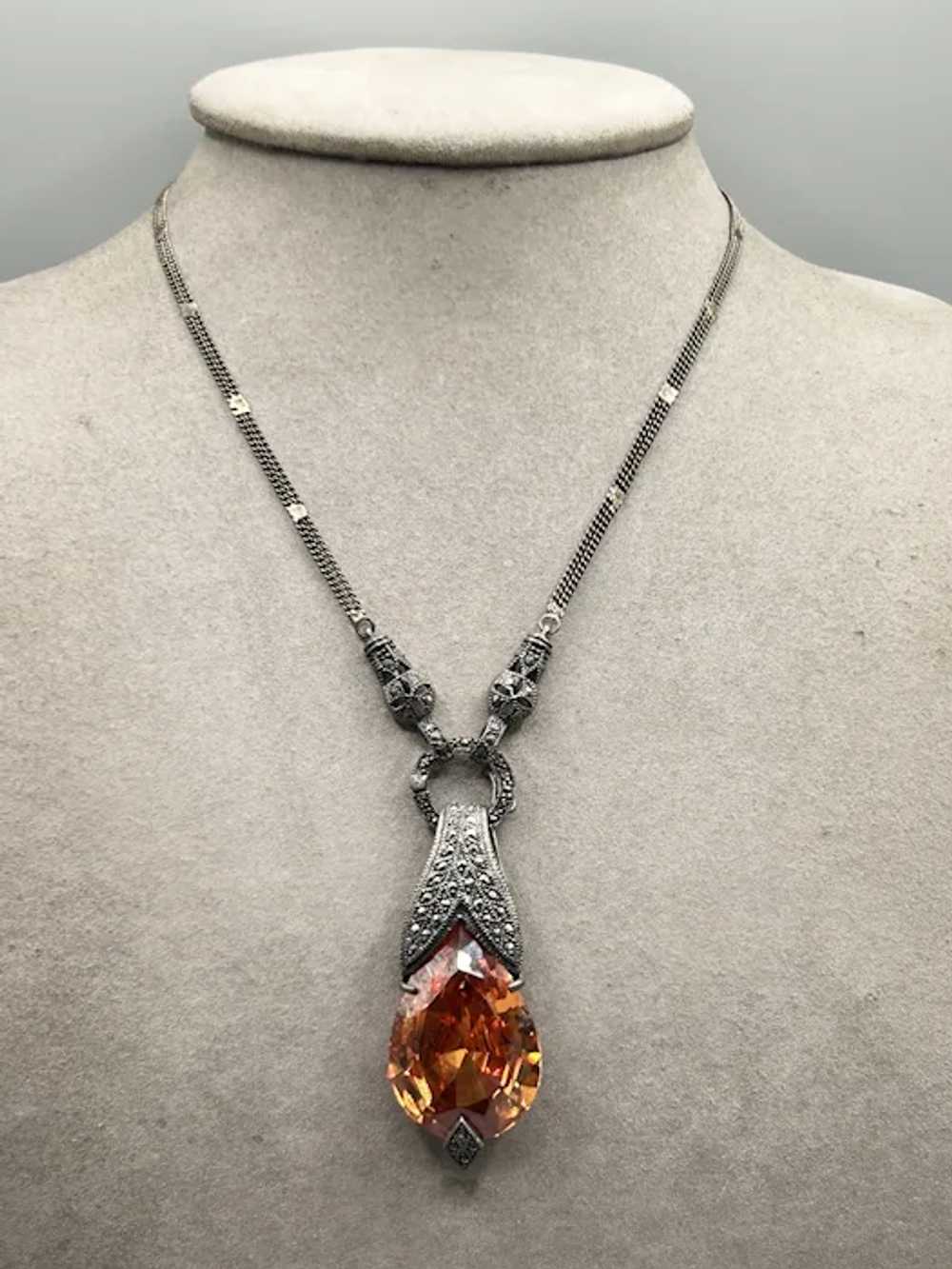 Sterling Silver Marcasite Pendant Necklace Cognac… - image 2