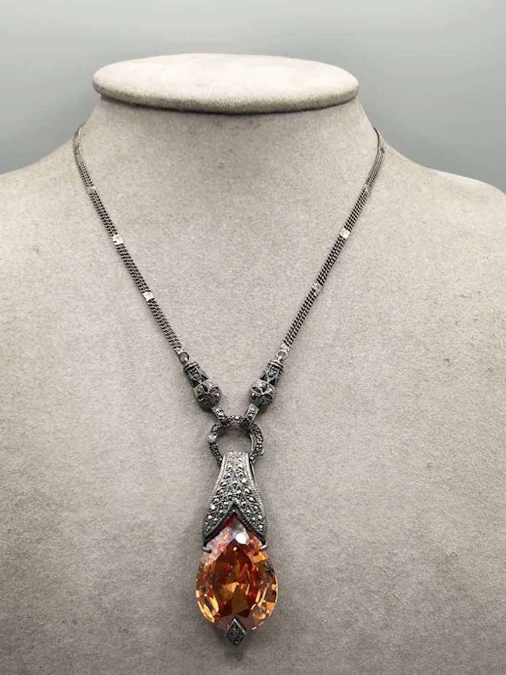 Sterling Silver Marcasite Pendant Necklace Cognac… - image 3