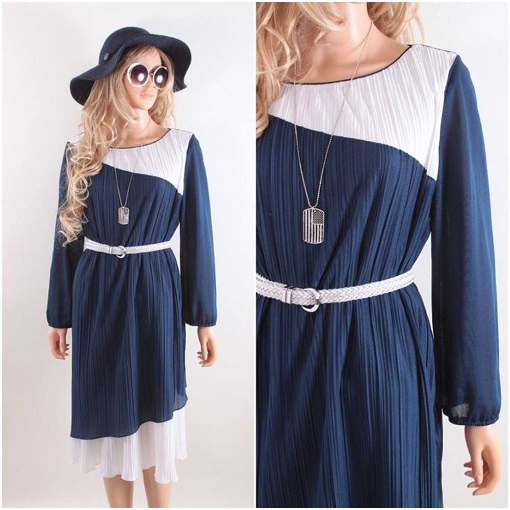 Navy and White Vintage Pleated Dress, Americana D… - image 1