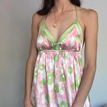 Y2K pink and green floral floral mini halter dress