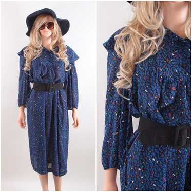 Hippie Boho Vintage Royal Blue Dress, Country Chi… - image 1