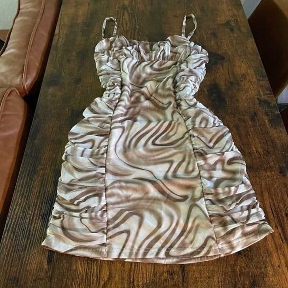 Brown swirl print ruched mini dress - image 1