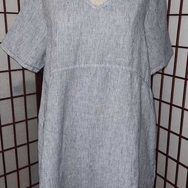 FLAX Linen Dress Size M Medium Blue Striped Short… - image 1